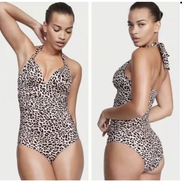 NWT Victoria Secret Medium Tan Black Leopard Halter One Piece Swimsuit Vacation - Picture 1 of 12